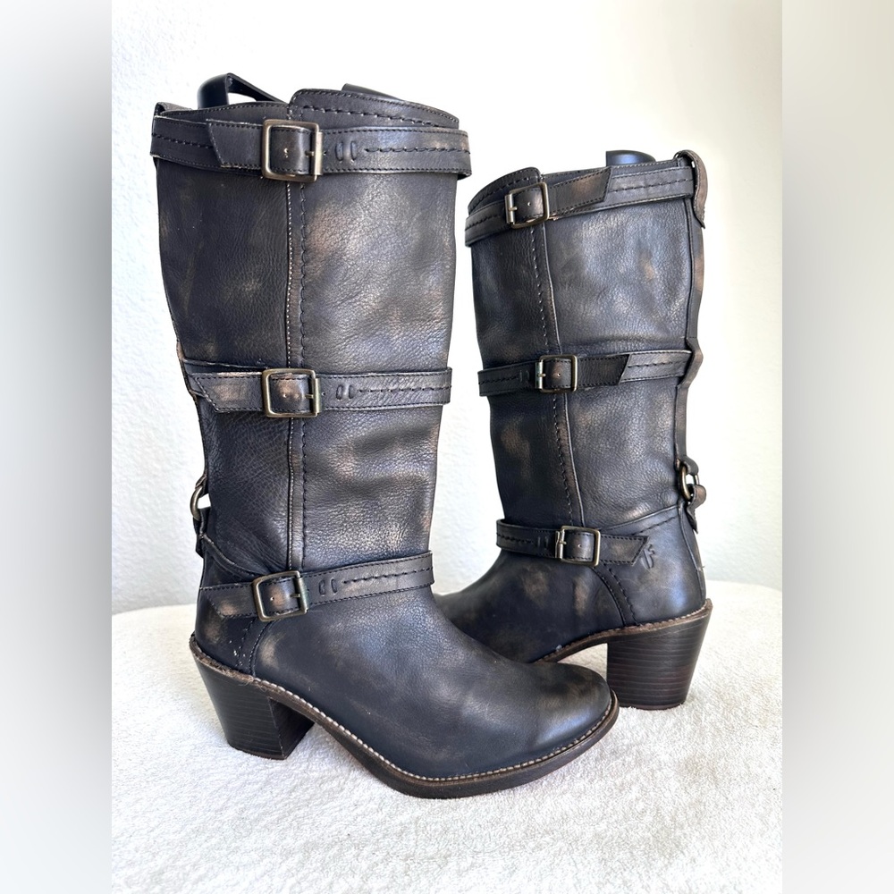 FRYE CARMEN Leather Triple Strap Moto Riding Western Boots Womens 9.5 bohemian‎